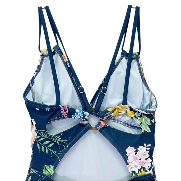 NWT Cupshe Tropical Floral Cutout One Piece Swimsuit Navy Pink Yellow Size XS - Picture 6 of 15